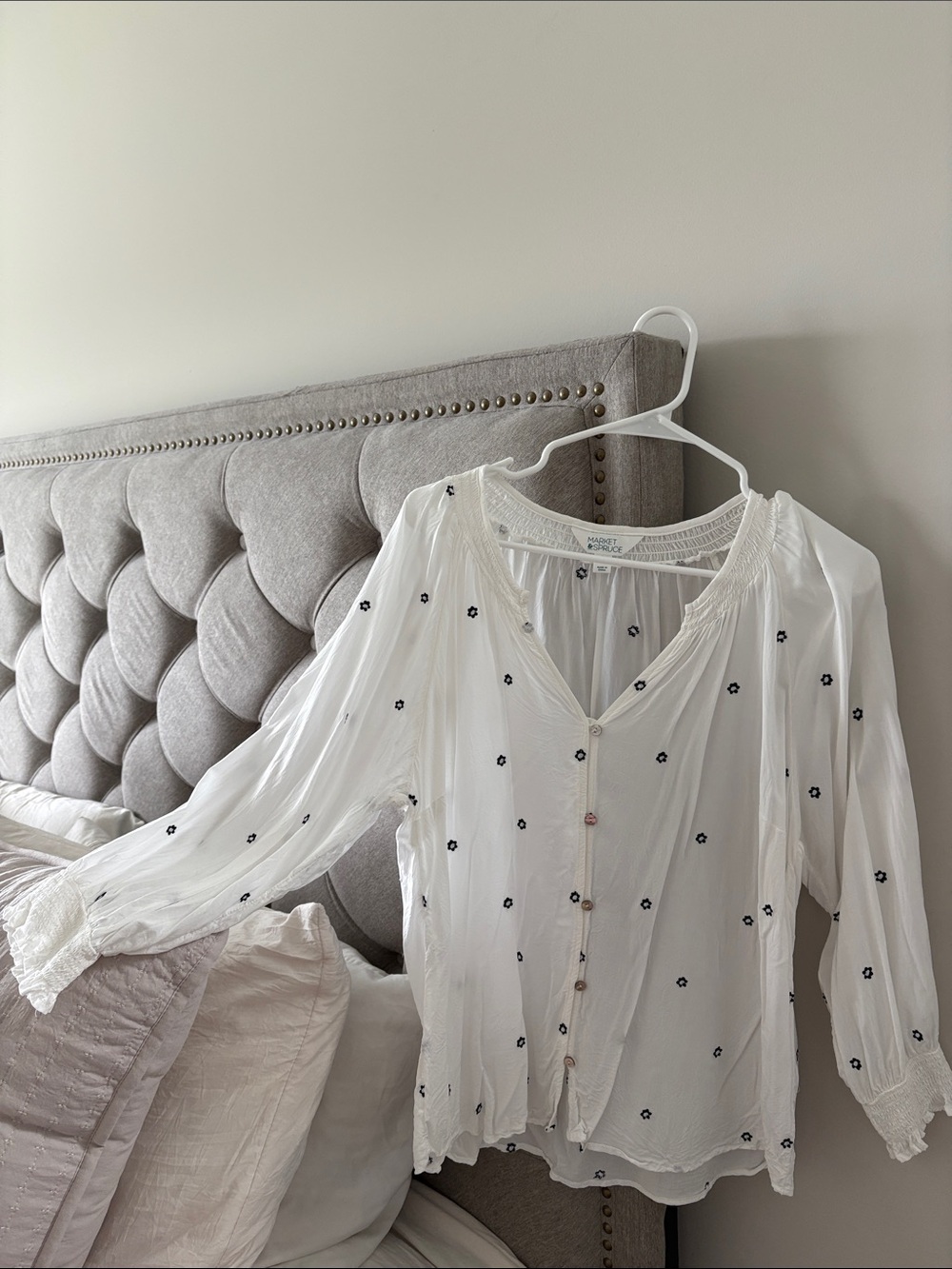 Embroidered White Peasant Blouse with Tiny Blue Flowers